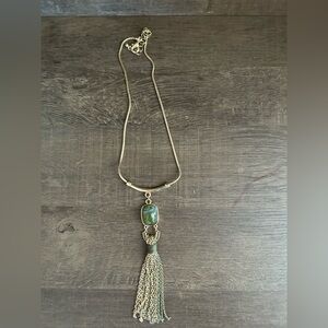 Gold-Tone and Green Necklace Green Stone Tassel Gold Bar Bohemian Long Statement